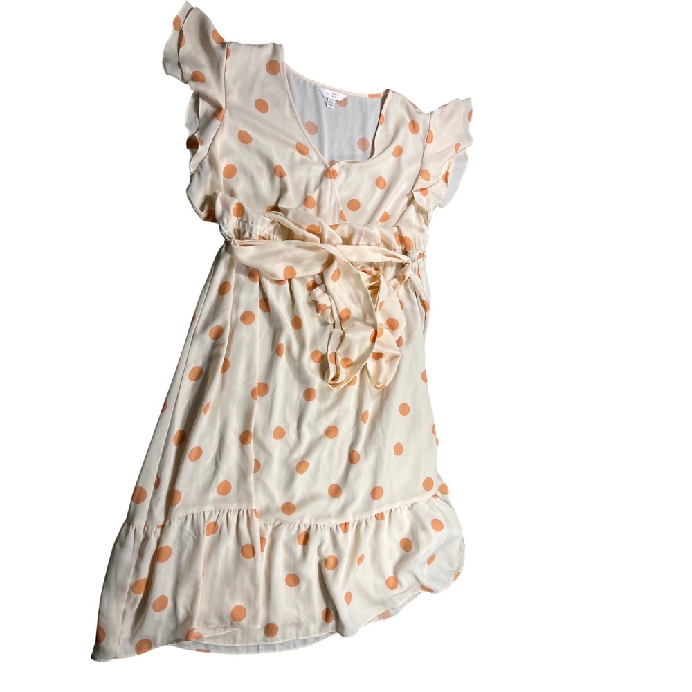 LC Lauren Conrad Polka Dot Midi Dress Women's XXL Peach Flutter Sleeve Tie Waist